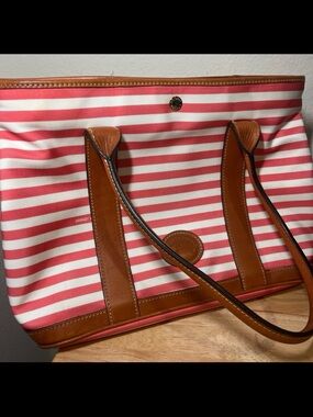 Dooney & Bourke Nylon Leather Pink White Striped Tote Bag Women’s Travel Beach